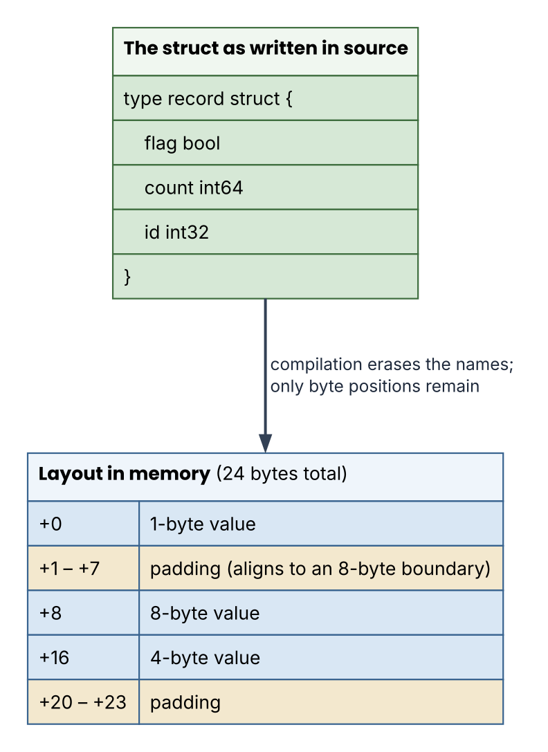 The struct in source, the bytes in memory