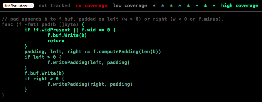 go.devのcoverツールによるcountモードのHTML表示。padの各行が実行回数に応じて緑の濃淡で色分けされている