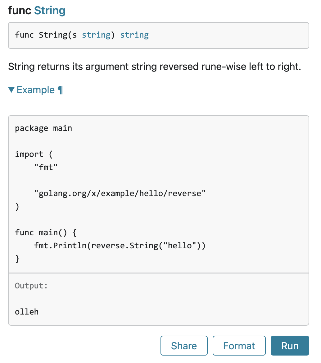 reverse.String関数のドキュメントに表示されたExample