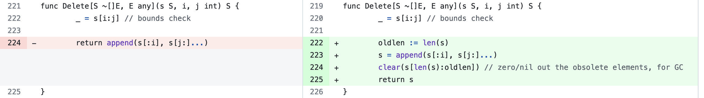 Delete関数の実装差分。clear組み込み関数を使って不要な要素をゼロ値にする変更を示す